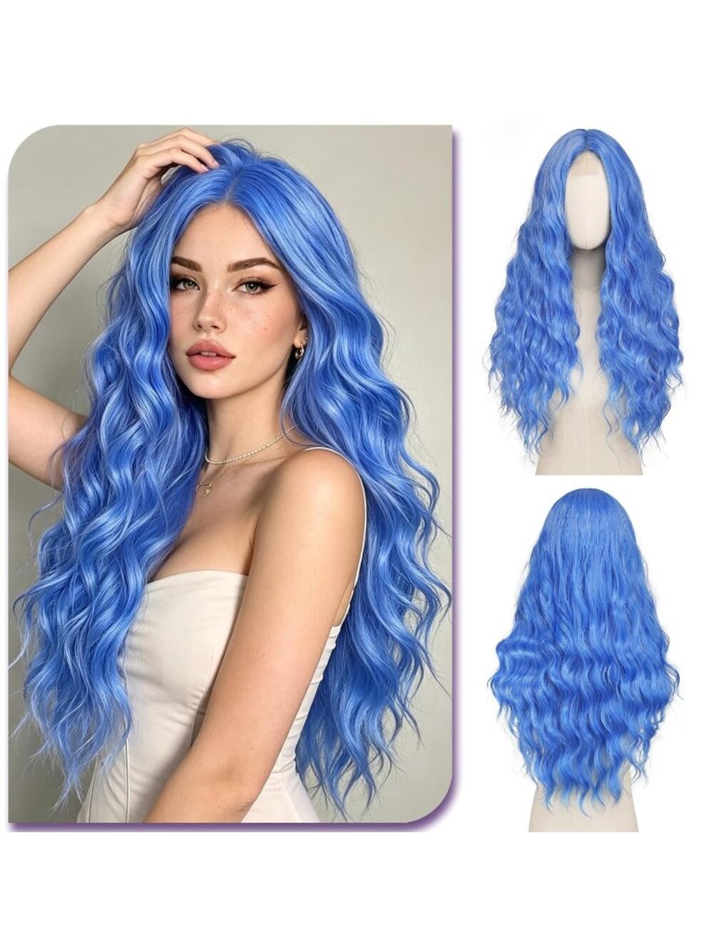 Women's Blue Long Wavy Electric Wig for 28 Inch Middle Part Heat Resistant